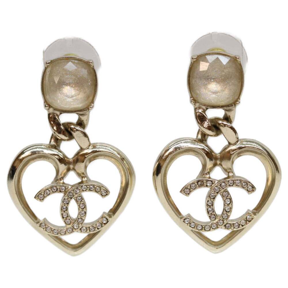 CHANEL C23C Gold Coco Mark Heart Rhinestone Earrings, Gold, Clear, Women's